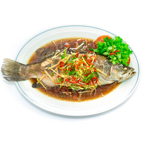 Steamed Sea bass Snapper Fish with Soy Sauce Chinese food style topview